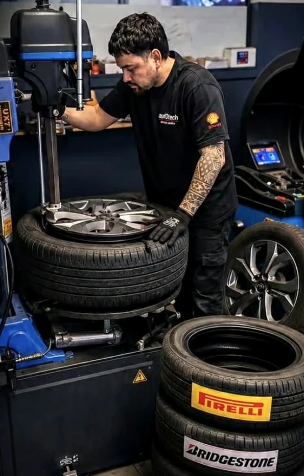 Autotech technician fitting a tyre to an alloy wheel using a tyre changer